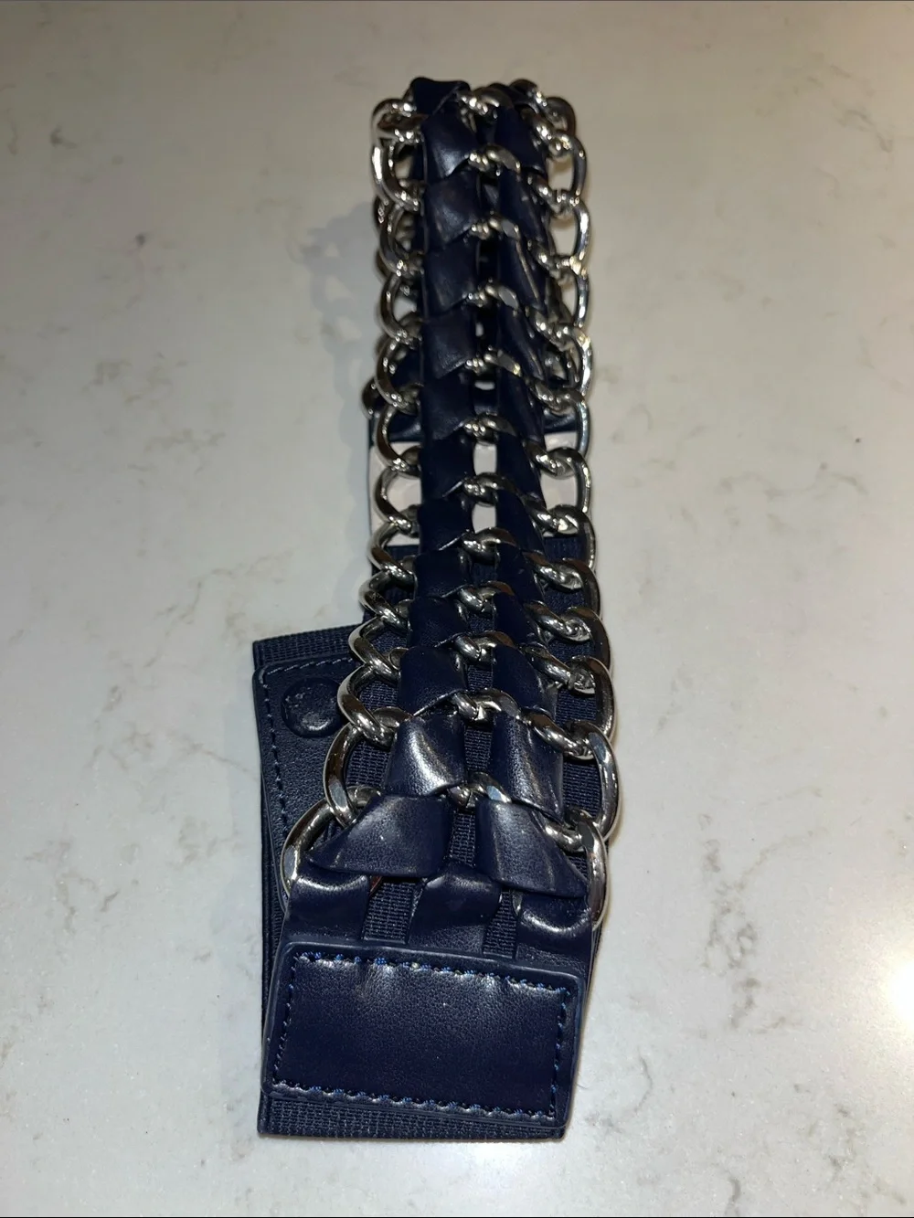 Women’s Navy Elastic Chain-Accent Belt